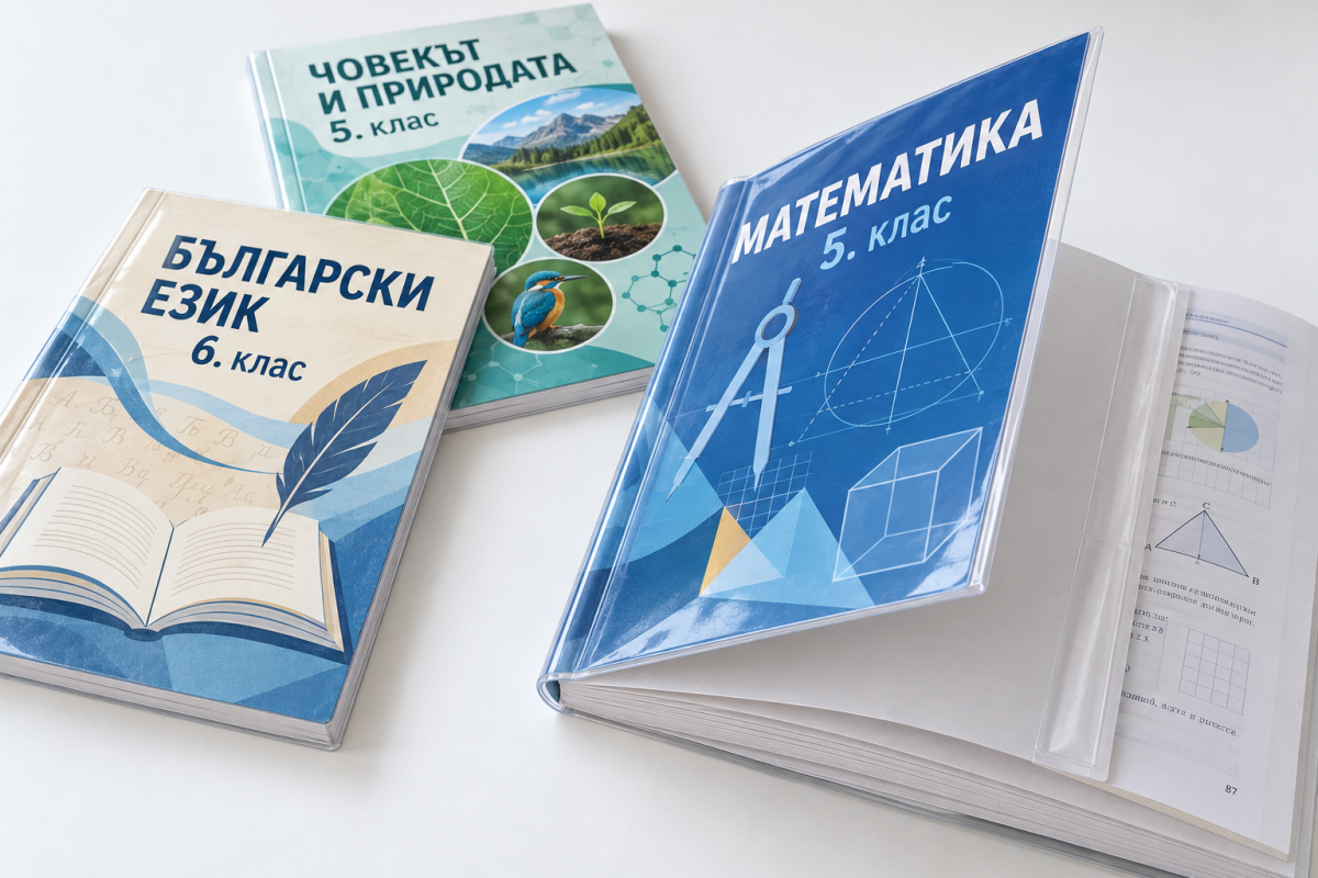 Учебници по математика, български език и човекът и природата с прозрачна подвързия само на кориците и свободни страници