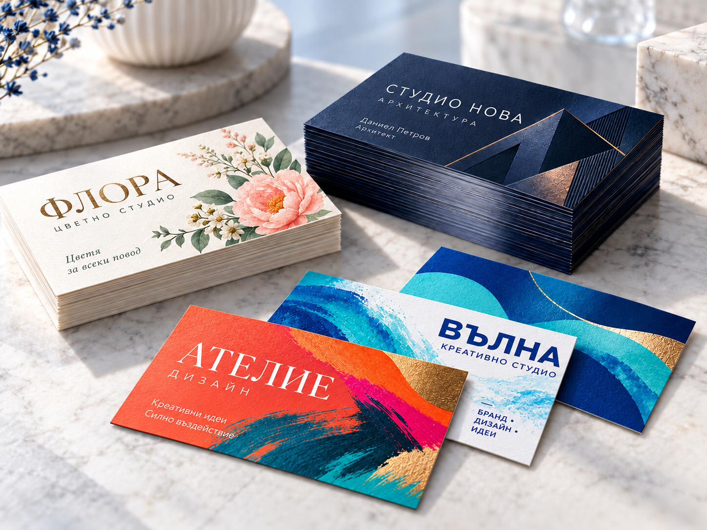 Цветни дизайнерски визитни картички с български надписи