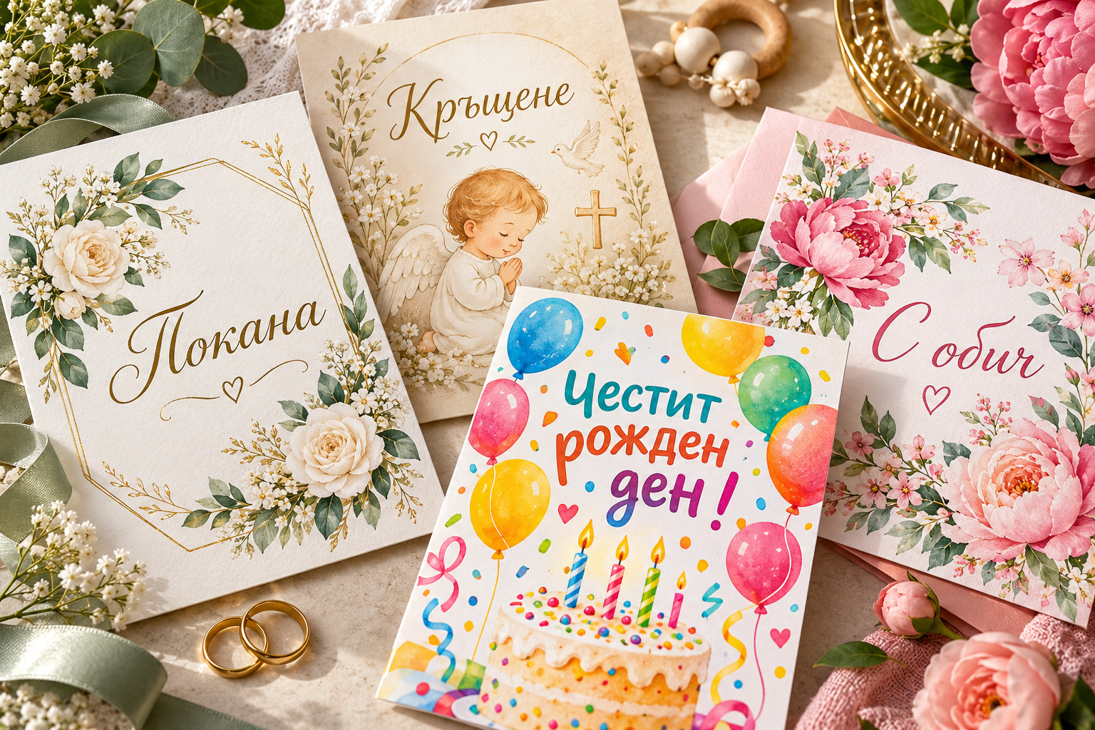 Цветни покани и поздравителни картички с надписи на български език