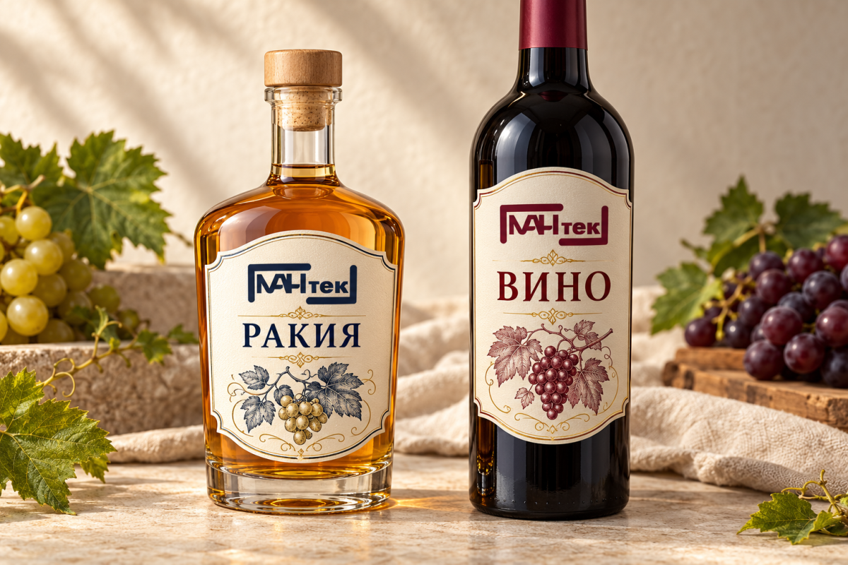 Примерни етикети с логото на МАНТЕК върху бутилки ракия и вино