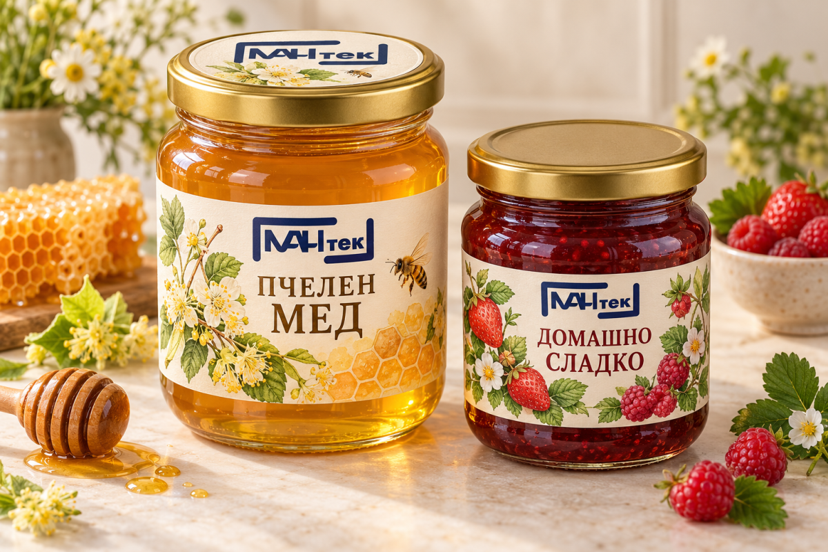 Етикети с логото на МАНТЕК върху буркани с мед и домашно сладко